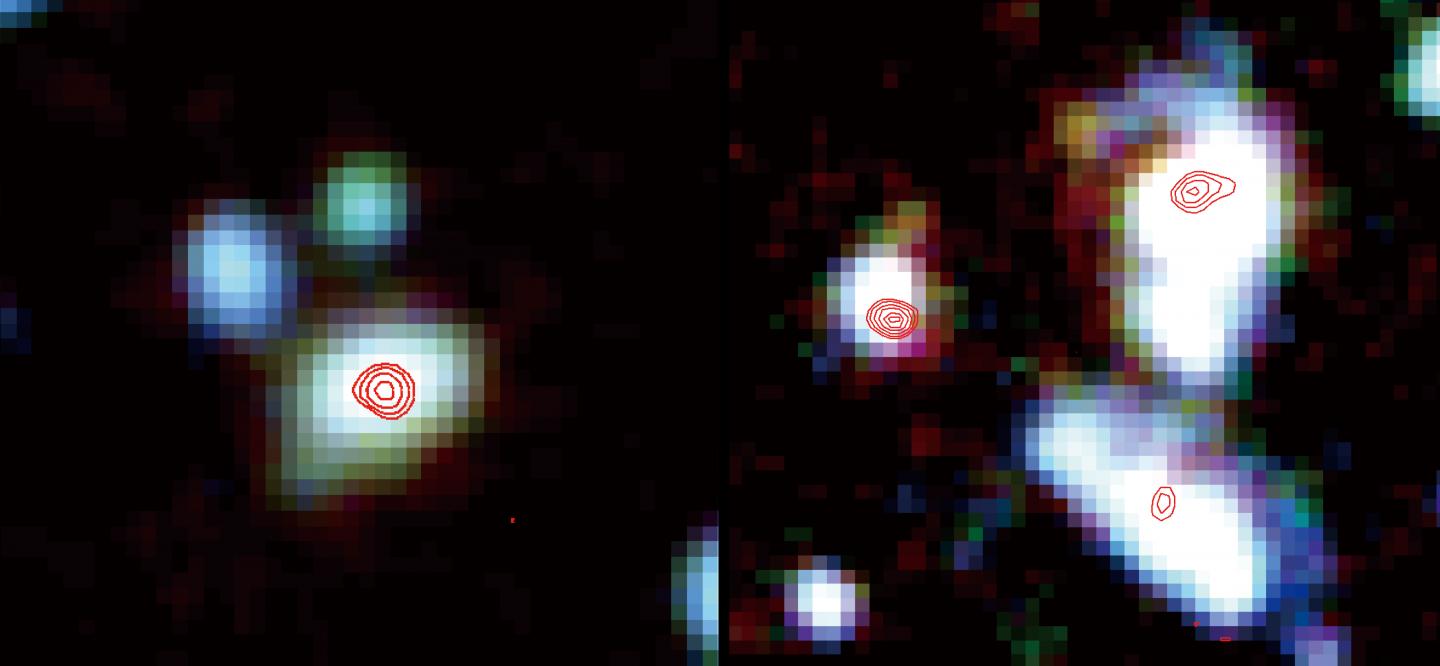 Examples of Faint Objects Seen with ALMA (Red Contour) and the Subaru Telescope (Color)