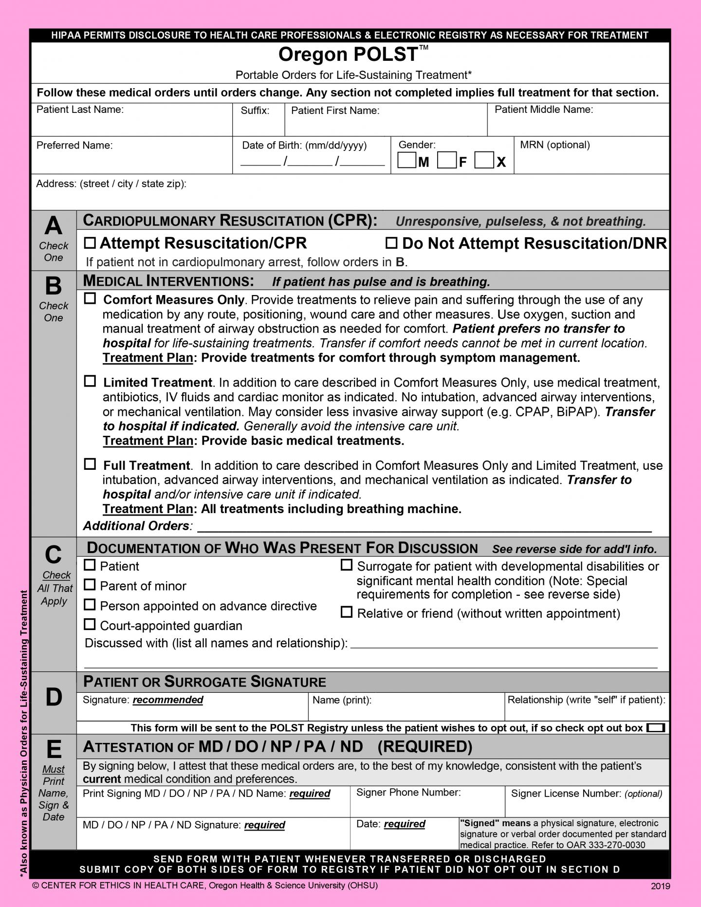 Oregon POLST Form