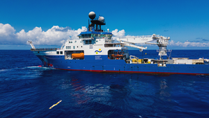 A mapping Autonomous Underwater Vehicle (AUV) is recovered to the Research Vessel Falkor(too) over the Mid-Atlantic Ridge.