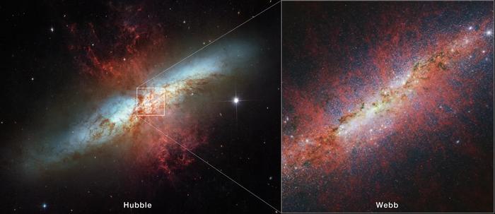 M82 observed by the Hubble and Webb Telescopes