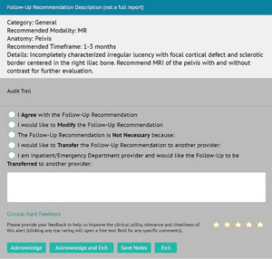 Screenshot of communication and tracking tool for radiologist-recommended follow-up imaging