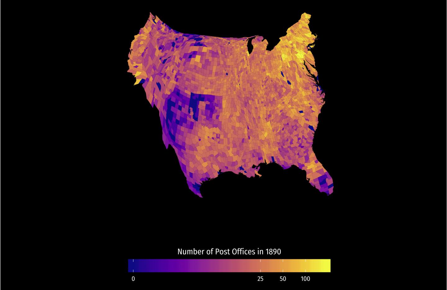 Uneven growth in the US Postal Service by 1890.