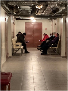 Patients waiting in basement at Clinical Hospital “Feofaniya” in Kyiv.