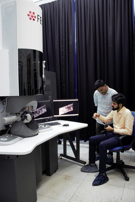 Pavan Nukala (right) with Pradeep Kumar (left), in charge of the electron microscope facility at CeNSE, IISc