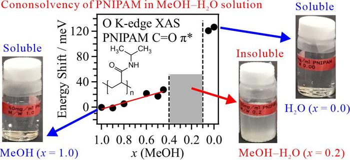 Energy shift of the C=O π* peak in the O K-edge XAS spectrum of PNIPAM versus MeOH molar fraction. Spectra were obtained in aqueous MeOH solutions. Cononsolvency occurs in the middle concentration region.