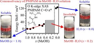 Energy shift of the C=O π* peak in the O K-edge XAS spectrum of PNIPAM versus MeOH molar fraction. Spectra were obtained in aqueous MeOH solutions. Cononsolvency occurs in the middle concentration region.