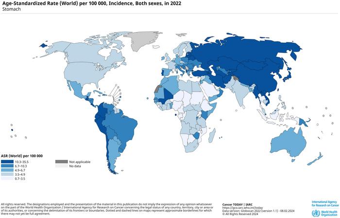 The incidence of gastric cancer worldwide, GLOBOCAN 2022