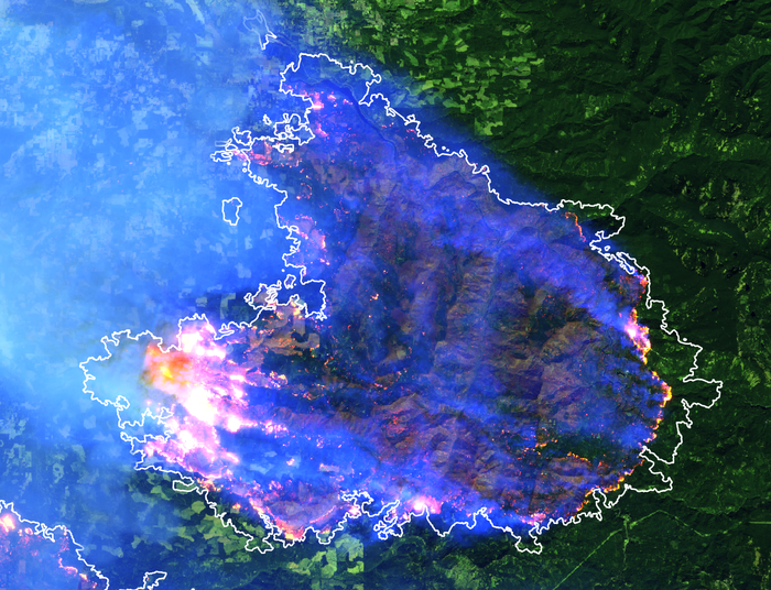 False-color satellite imagery of the Riverside fire (with fire perimeter added)