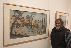 Indigenous Elder Mr Ezzard Flowers with artwork by Barry Loo, At Bay c1949.