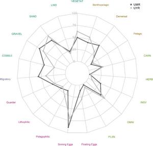 This plot shows the percentage of fish species in the Upper Mississippi (UMR) and Upper Yangtze River (UYR) basins exhibiting various traits, illustrating similarities between the assemblages of the two systems.