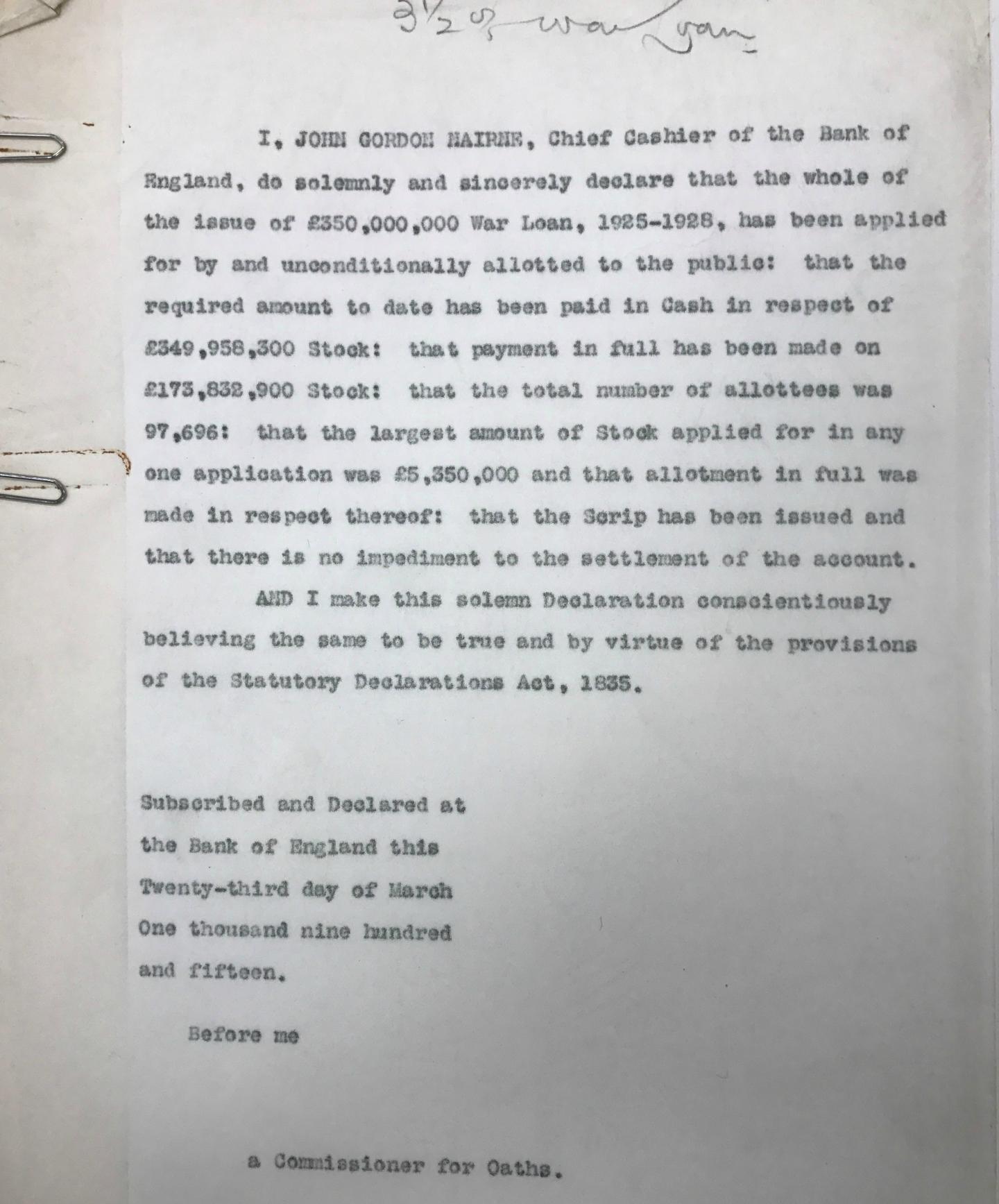 Sworn Statement That All £350 Million Had Been Sold to the Public