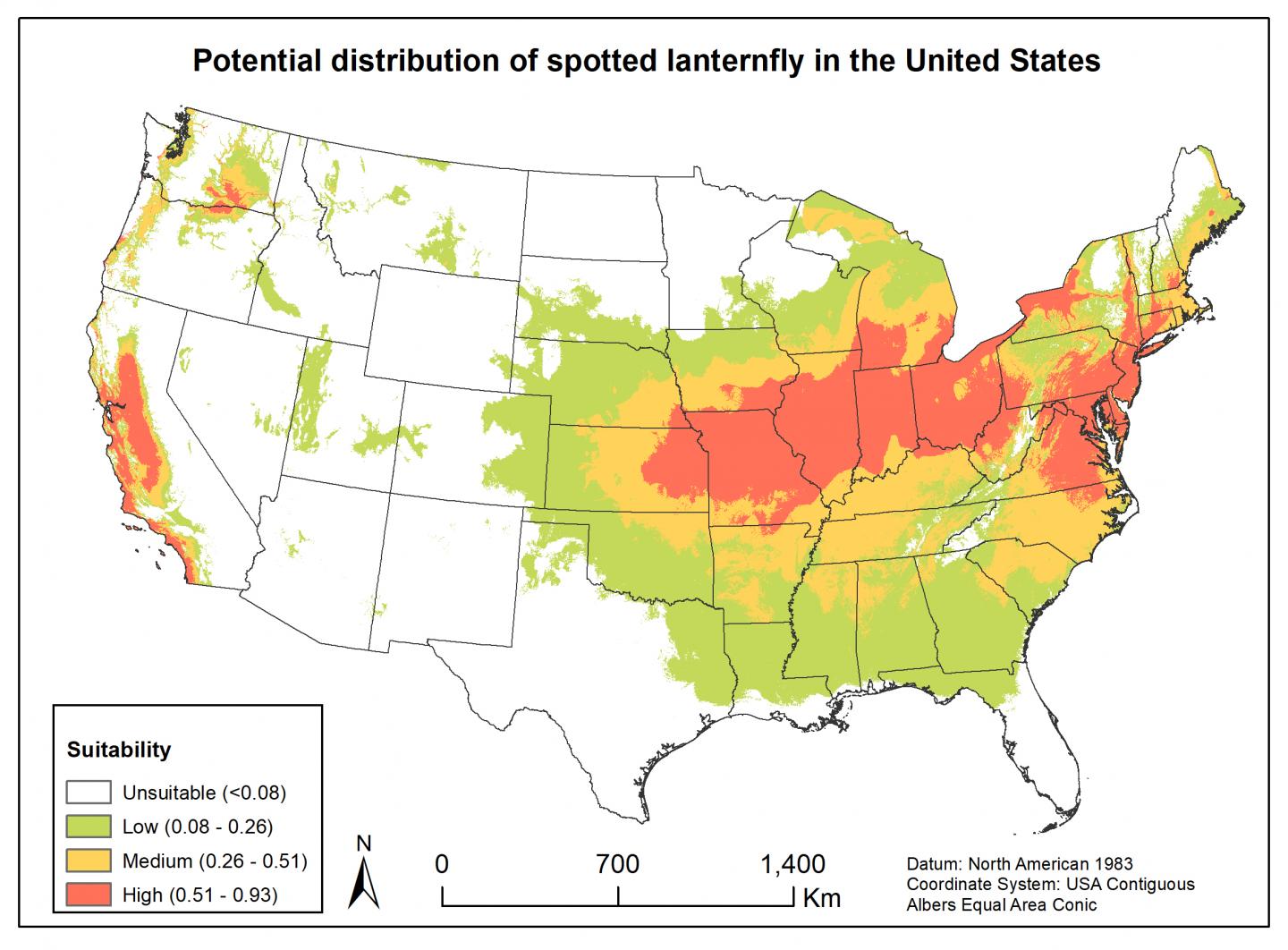 Map of Possible Spotted Lanternfly establishment-U.S.