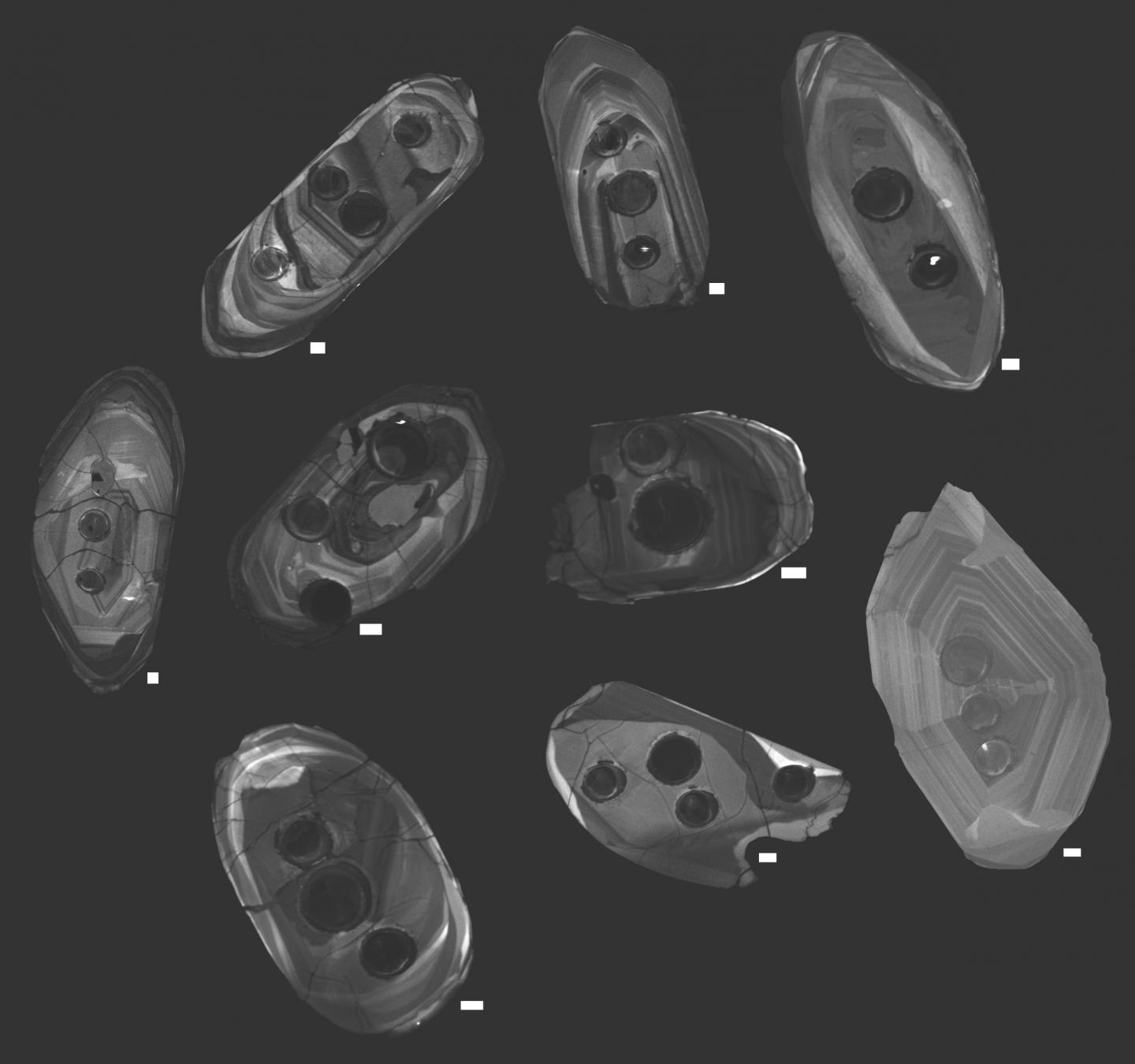 Zircons photographed using cathodoluminescence