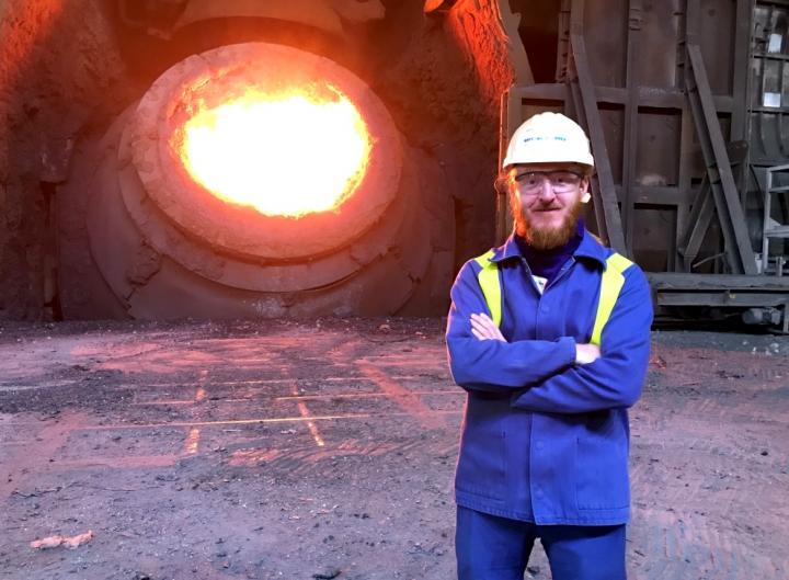 Dr. Szymon Kubal with a Ladle of Molten Steel at Port Talbot Steelworks