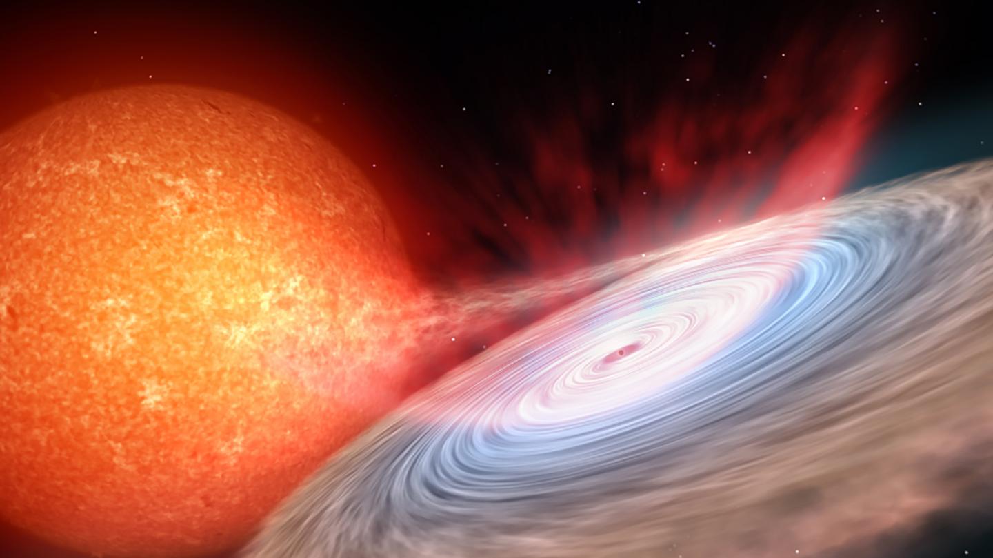 Artistic impression of the constant emission of winds produced during the eruption of a black hole in an X-ray binary