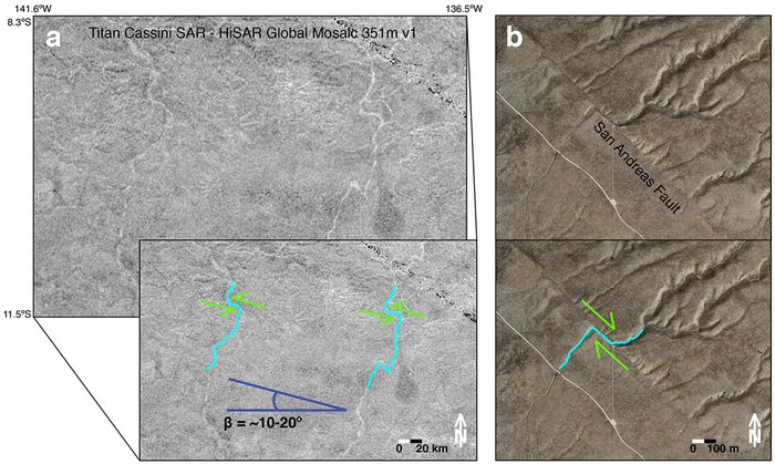 Strike-slip faults on Titan and Earth