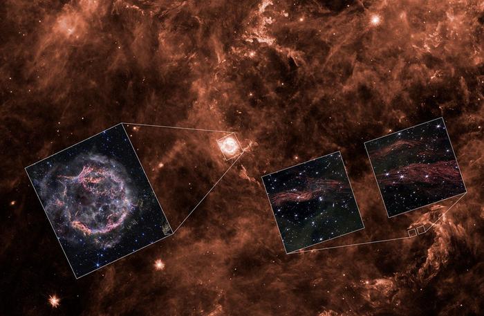 Image B: Cassiopeia A (Spitzer with Webb Insets)