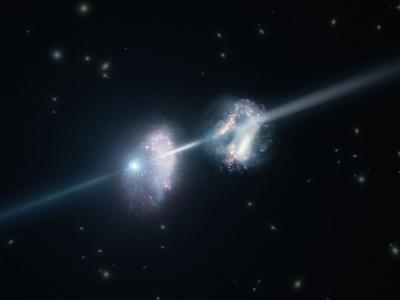 Artist's Impression of a Gamma-ray Burst Shining through 2 Young Galaxies in the Early Universe