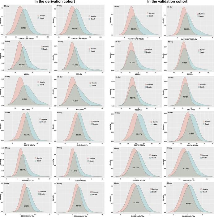 Probability density function of the prognostic scores for the 28-day/90-day prognosis of surviving and non-surviving patients in the derivation and validation groups.