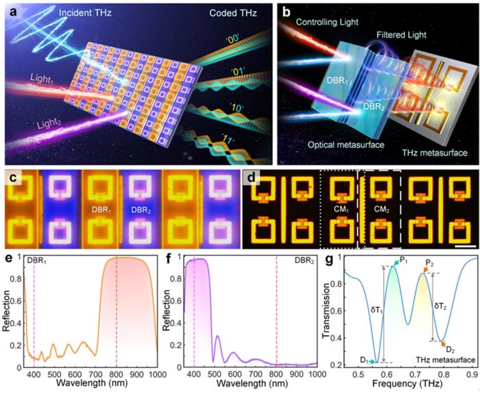 Illustration of the pump color-controlled metadevice for coded terahertz switching.