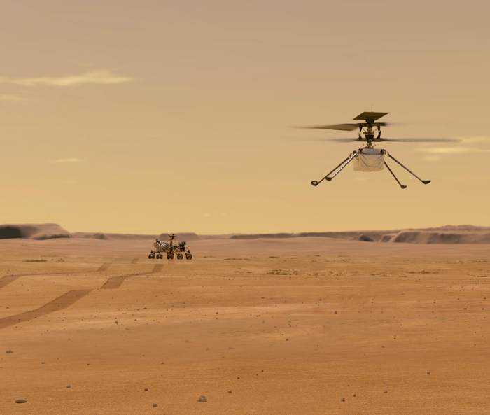Illustration depicts Mars helicopter Ingenuity during a test flight on Mars