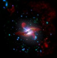 Composite View of the Galaxy Centaurus A in Visible Light, Far-Infrared and X-Rays