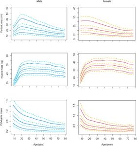 Vertical jump, muscle mass, and VJ/muscle mass reference percentiles for Chinese people aged 8e80, stratified by sex.