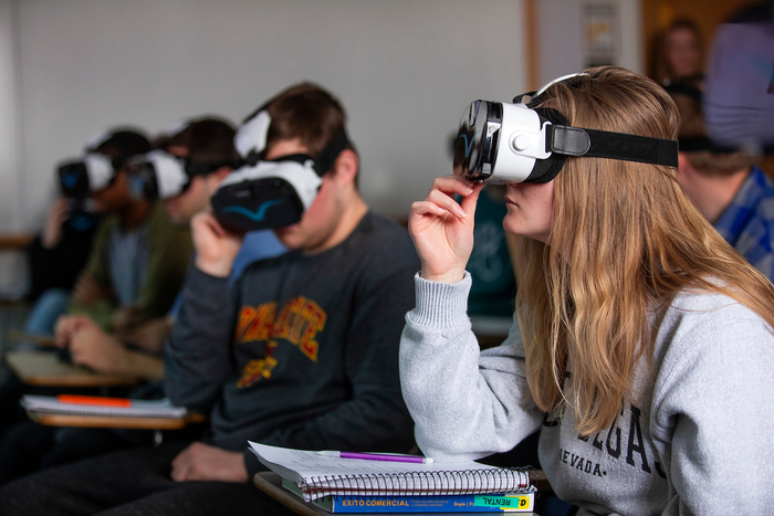 Students in a Spanish class at Iowa State University use VR headsets in 2020.