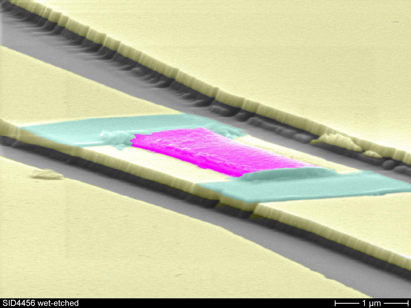 Coloured electron microscopy image of glued-on YIG-structure