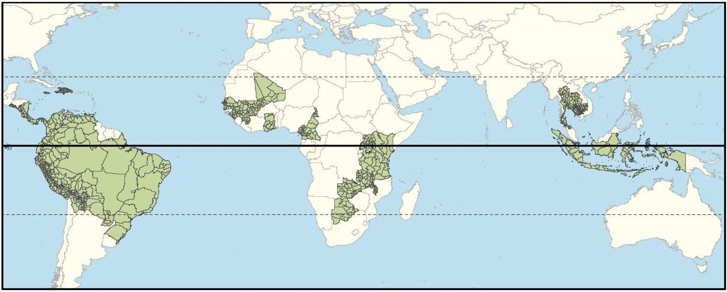 Map of study provinces (in green), including the equator and tropics
