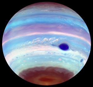 False-color image of Jupiter in UV, showing dark UV oval at south pole