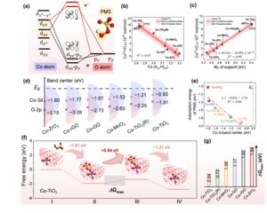 Fig. 4 Influences and theoretical analysis of CoIV=O generation in Co-SACs/PMS system. (a) Schematic diagram of Co-O bonding π and antibonding π* orbitals in the Co-SACs/PMS system. (b-c) Influences on CoIV=O generation in the Co-SACs/PMS system. (d-g) 