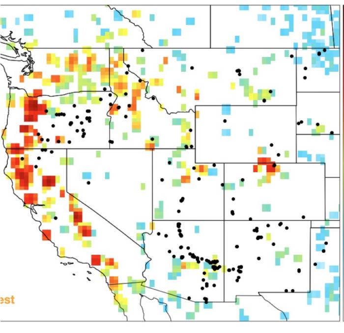 Where the 2020 fires contributed the most to smoke exposure over the western US.