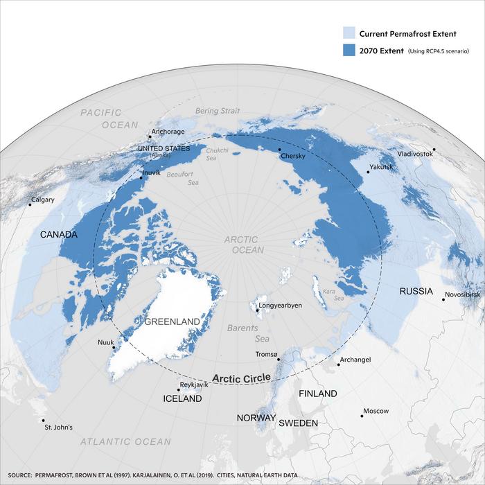 Map of current permafrost extent vs. 2070 permafrost extent