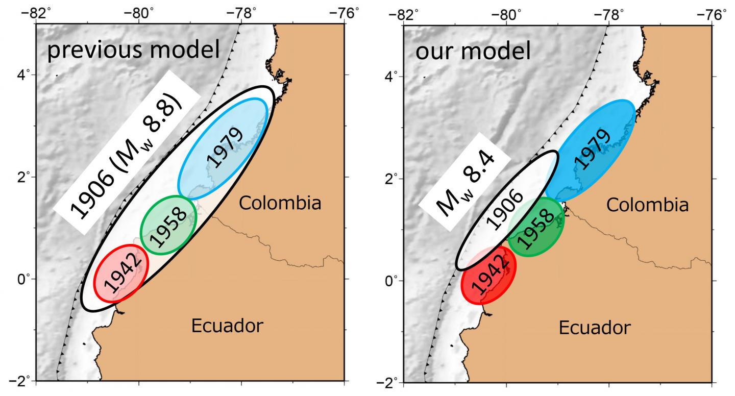 A Comparison Between the Previous Source Model and Our Model of the Large Earthquakes Along the Ecua