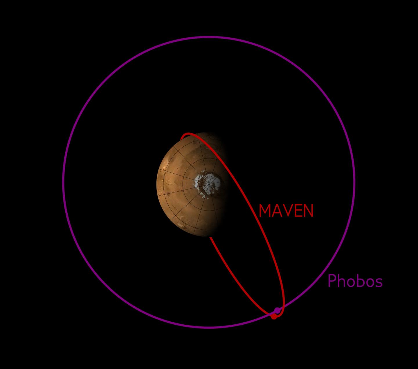 Orbit of MAVEN Sometimes Crosses the Orbit of Phobos
