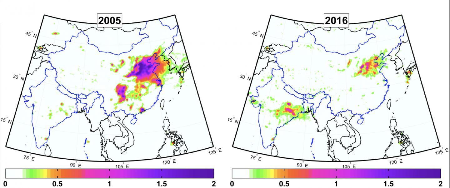 Comparison of Sulfur Dioxide Emissions in China and India in 2005 and 2016