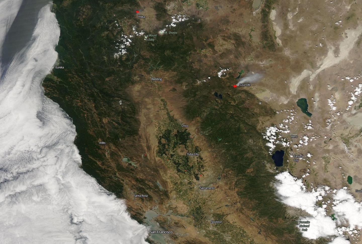 NASA's Aqua Satellite Finds Hog and Badger Fires in Northern California