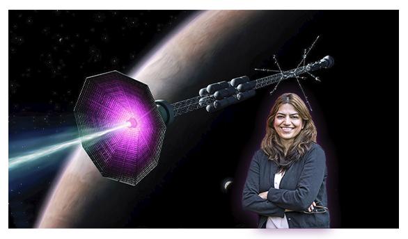 PPPL physicist Fatima Ebrahimi in front of an artist's conception of a fusion rocket