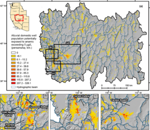 Map showing the hydrographic basin boundaries and predicted average population density with arsenic ≥5 μg/L