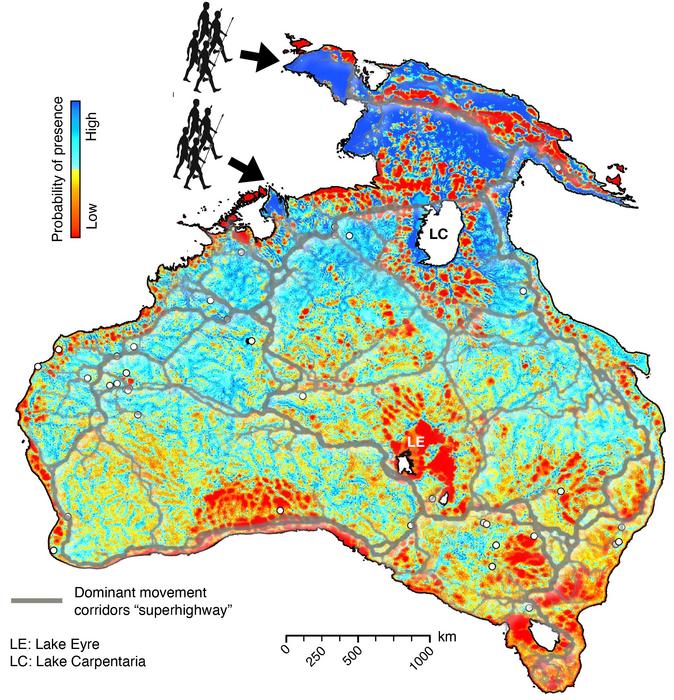 Computer model images of entry points for migration routes through Sahul: a northern route through West Papua (entry time: 73,000 years) and a southern entry point from the Timor Sea shelf (entry time: about 75,000 years).