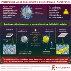 Light-activated reversible displacement of perylene bisimide ligands from zinc sulfide nanocrystals.