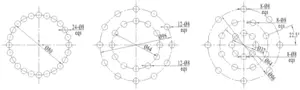 Fig. 3. Schematic drawings of the single-ring (left), double-ring (middle), and triple-ring (right) distribution.