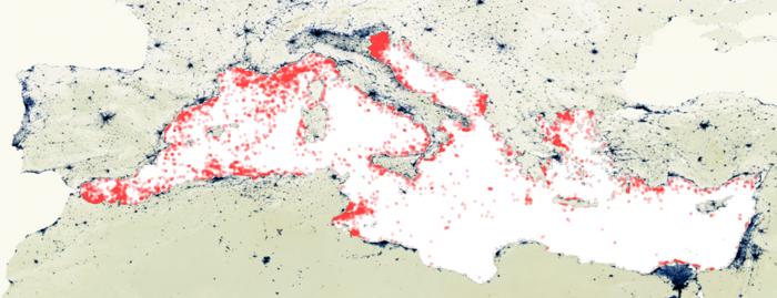 Map of the Mediterranean Sea showing the locations of marine debris accumulations detected thanks to the European satellite Copernicus Sentinel-2.