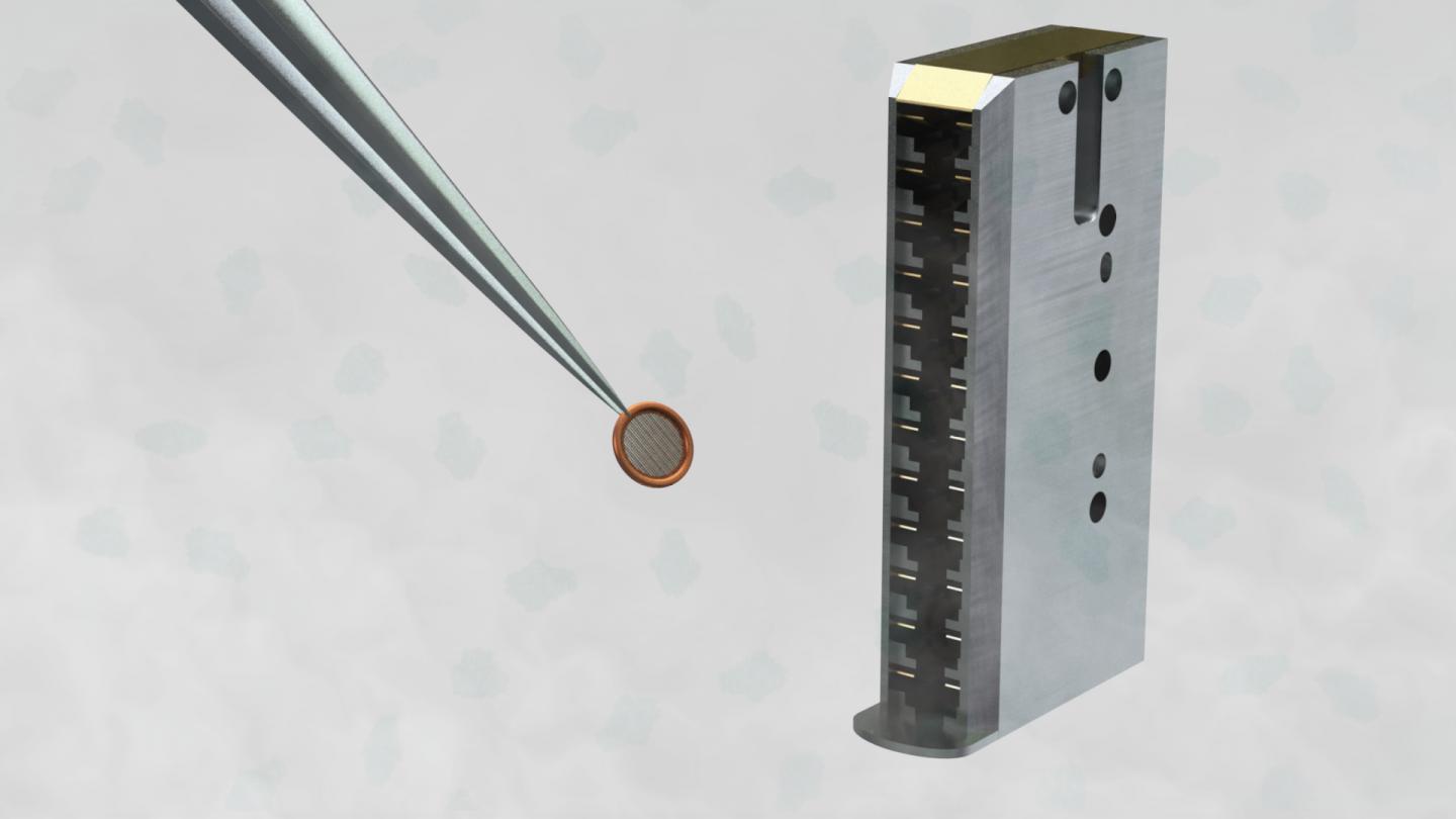 Carbon Grid with Frozen Protein Sample Prepared for Loading