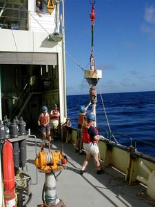Researchers taking a sediment core from the Florida Straits.