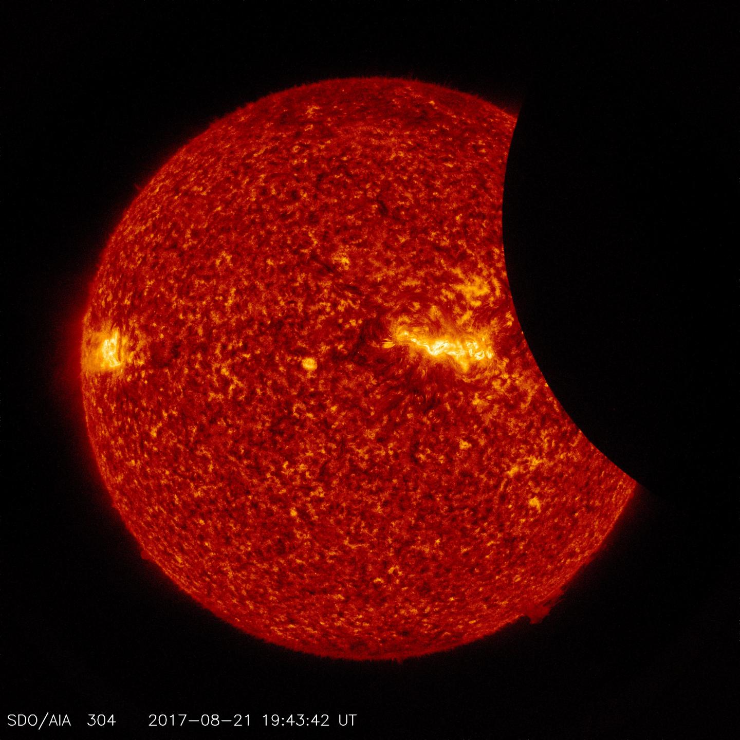 SDO Views 2017 Solar Eclipse -- 304 Angstroms