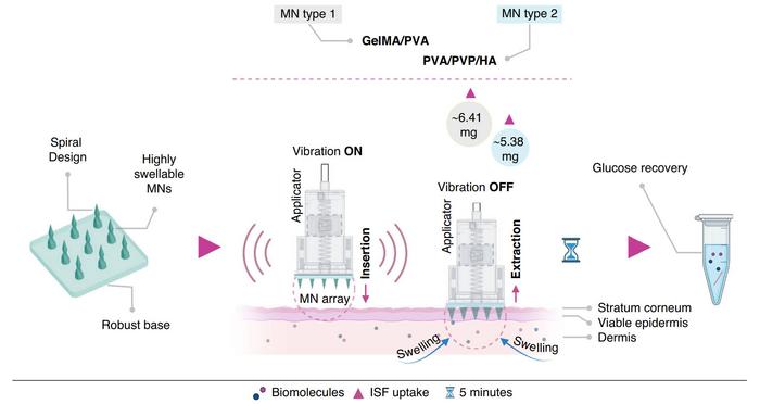 Schematic illustration of minimally invasive ISF extraction and glucose recovery using highly swellable spiral MNs with the custom-made applicator to generate micro-vibration during the insertion phase.