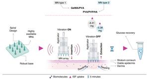 Schematic illustration of minimally invasive ISF extraction and glucose recovery using highly swellable spiral MNs with the custom-made applicator to generate micro-vibration during the insertion phase.