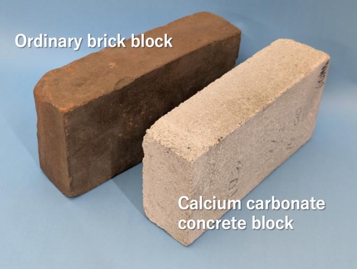 Calcium carbonate brick (on the right) compared to a regular brick (on the left).